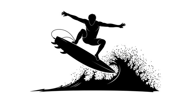Black silhouette of a surfer jumping on a wave