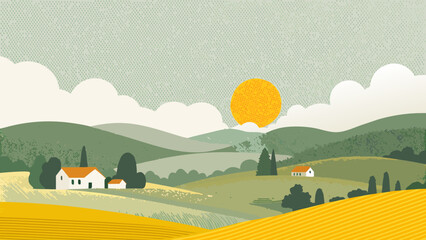 A pastoral landscape illustration featuring rolling hills houses and a textured sun in a muted color palette countryside © SayanKumar