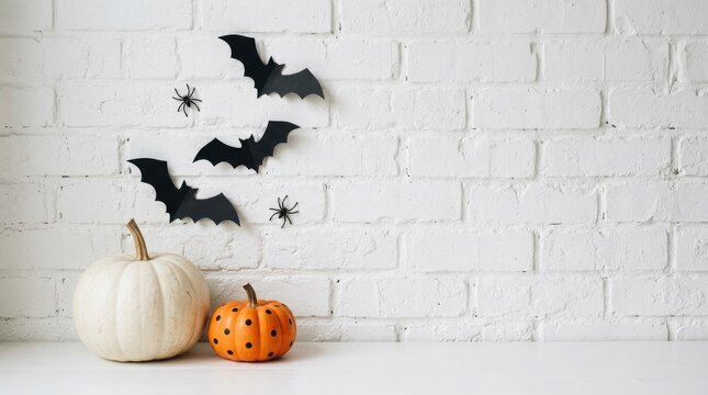 Halloween decorations with pumpkins and bats against white brick wall