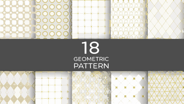 Geometric pattern collection with gold foil accents on a white background showcasing repeating shapes abstract arrangement beige contemporary