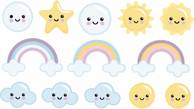 Smiling weather elements illustration featuring clouds rainbows stars and suns in a pastel color palette cartoon cheerful climate