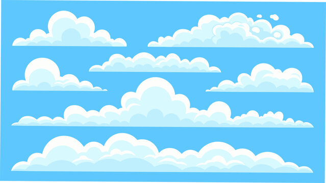 A collection of ten fluffy white clouds against a bright blue background rendered as a vector illustration atmospheric