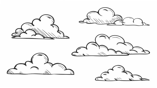 Six cloud formations depicted as a black ink sketch on a white background showcasing atmospheric weather clouds cloudscape