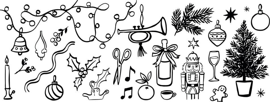 Collection of hand drawn black and white Christmas holiday elements and symbols