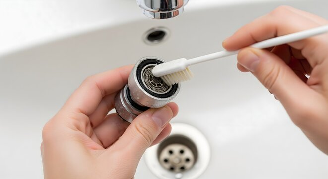 Hands cleaning a faucet aerator mesh filter with a small brush in a sink