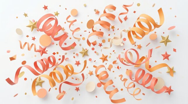 Colorful confetti and ribbons falling on white background festive celebration decoration