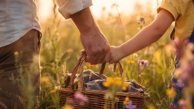 Father and child hold hands while carrying a woven wicker picnic basket through a vibrant meadow filled with colorful wildflowers during a warm golden summer sunset