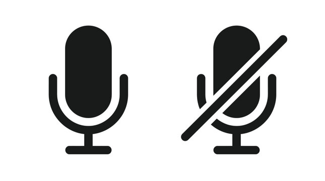 Minimalist black vector graphic design showing microphone icons with and without a mute slash symbol