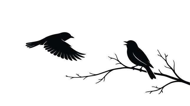 Elegant black vector illustration showing two small birds interacting on a simple thin tree branch