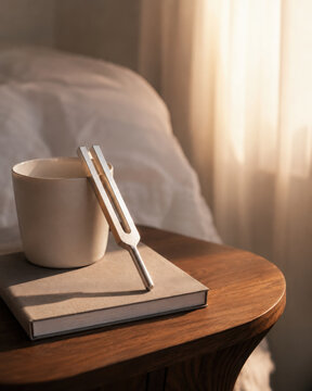Calming scene featuring tuning fork resting on book beside cup, symbolizing men wellness through sound and tranquility
