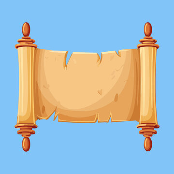 Unrolled old parchment scroll with twin wooden spindles vector illustration for vintage treasure map template and fantasy rpg game script