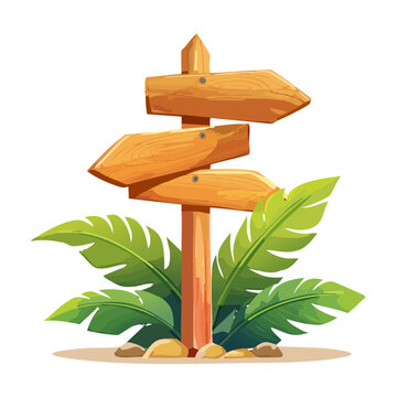 Three direction wooden signpost with palm leaves vector illustration for tropical resort pathfinding guide and jungle island adventure game