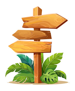 Three way wooden pointer signpost with leaves vector illustration for tropical jungle safari orientation guide and island resort pathfinding game