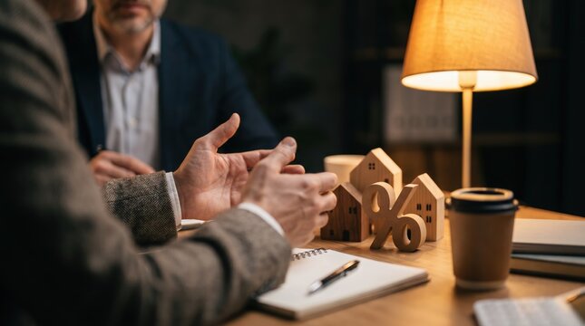 Mortgage broker discussing interest rates with client using wooden house models and percentage symbol for real estate finance and banking services