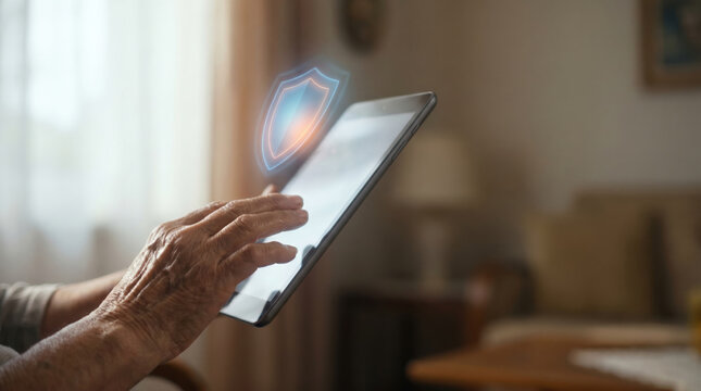 Elderly mobile payment security concept on digital tablet