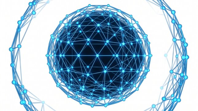 Futuristic digital network sphere with interconnected nodes and lines symbolizing global connectivity