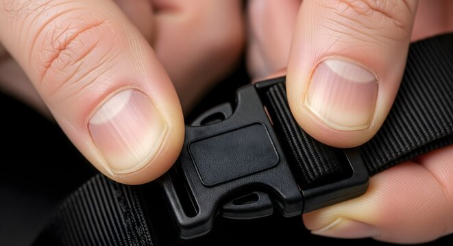 Hands connecting a black plastic side release buckle on a nylon strap