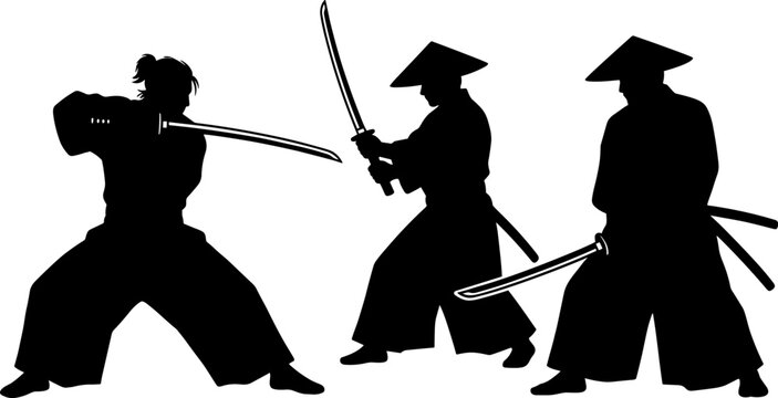Samurai silhouettes illustration featuring three warriors with katana swords in defensive and offensive stances symbolizing history, culture, and design concepts