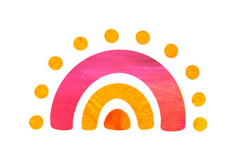 Fototapeta premium cute Hand-Painted Boho Rainbow with Textured Acrylic Brushstrokes in Pink, Orange, and Yellow Arches Surrounded by Circular Dots, Isolated on transparent background for Nursery Decor