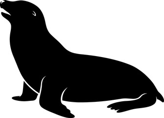 Silhouette of sea lion sitting with raised head and flippers on white background symbolizing marine wildlife and streamlined form © Mukti