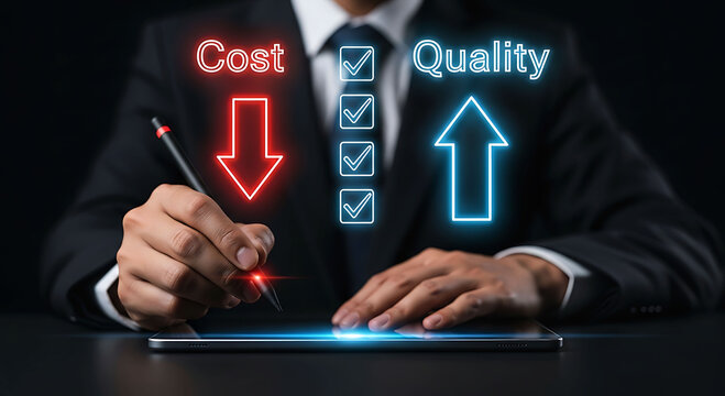 Businessman choosing low cost and high quality options on digital tablet screen