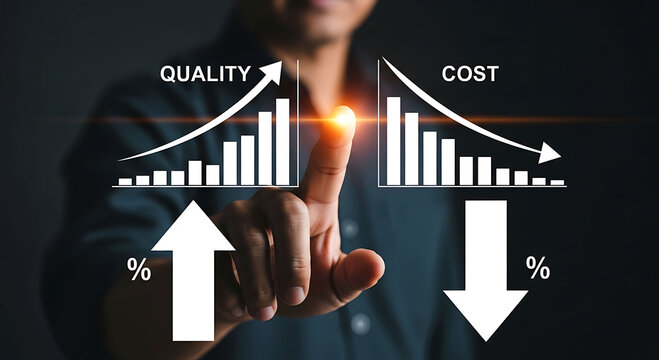 Businessman hand choosing quality improvement and cost reduction optimization graph