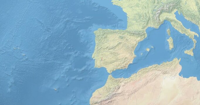 Portugal on Globe. Zoom into the country with Earth spinning on dark background. Physical world map with Portugal and label on it. Country view animation.