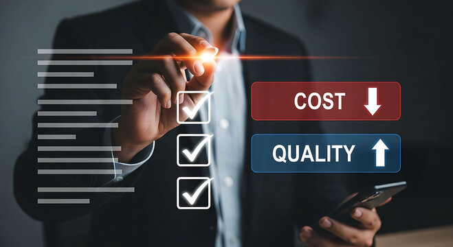 Businessman reducing cost and increasing quality concept with checklist interface