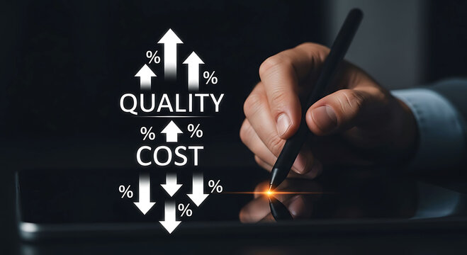 Businessman holding stylus analyzing rising quality and falling production cost chart