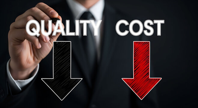 Businessman pointing at quality and cost text with down arrows representing reduction