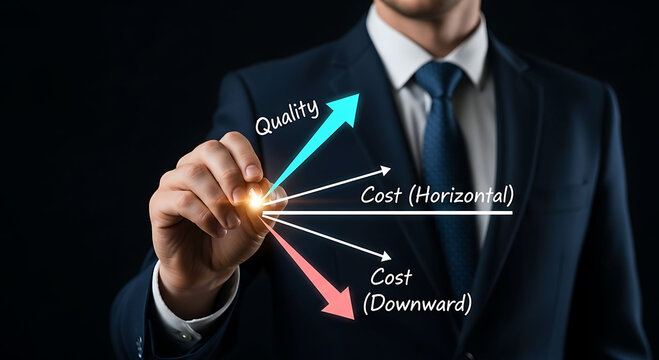 Businessman pointing at financial chart showing improvement in quality and cost reduction