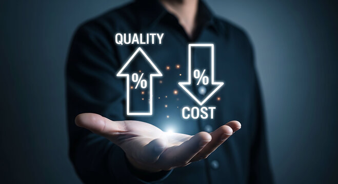 Businessman holding virtual arrows for high quality and low cost optimization