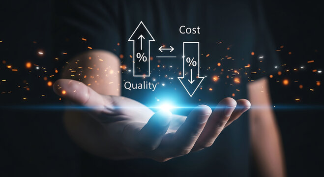 Businessman holding virtual graphic showing high quality and low cost business balance