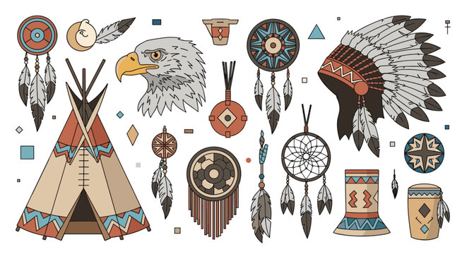 Native American cultural symbols collection featuring an eagle head teepee traditional headdress dreamcatchers and drums.