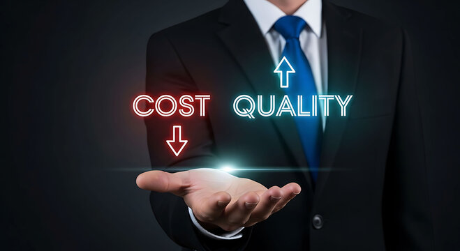 Businessman holding text cost reduction and quality improvement concept with arrows
