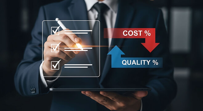 Businessman reducing cost and increasing quality with a digital checklist interface