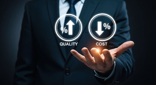 Businessman holding high quality and low cost value balance concept icon