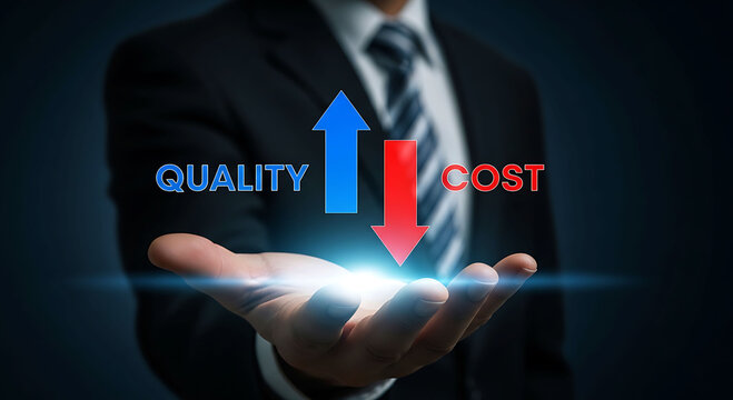 Businessman holding high quality and low cost concept with arrows