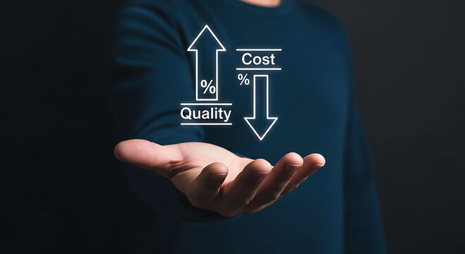 Businessman holding icon showing high quality and lower cost for business success