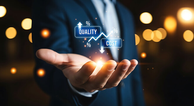 Businessman holding virtual graph showing high quality and low cost business concept