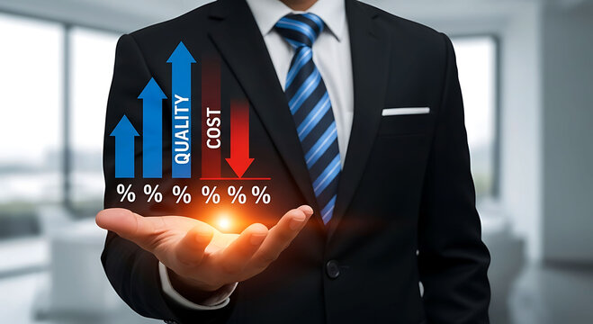 Businessman holding graph showing increasing quality and decreasing cost reduction