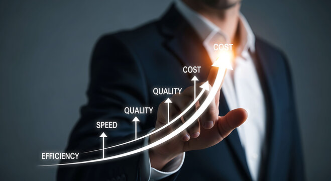 Businessman pointing at growing business chart showing efficiency and cost growth