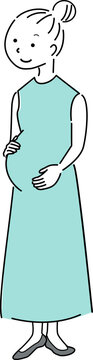 お腹をさする妊婦の全身シンプルイラスト（マタニティ・妊娠・女性・人物素材）/ Simple Full-Body Illustration of a Pregnant Woman Holding Her Belly (Maternity Concept)