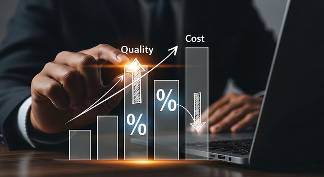 Businessman hand analyzing bar graph showing increasing quality and decreasing cost