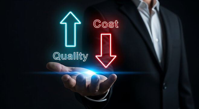 Businessman holding glow arrow up quality and down cost neon graphic concept