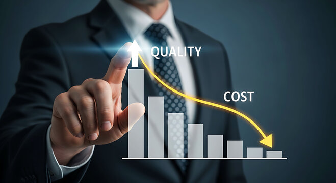 Businessman pointing at graph showing high quality and low cost efficiency growth
