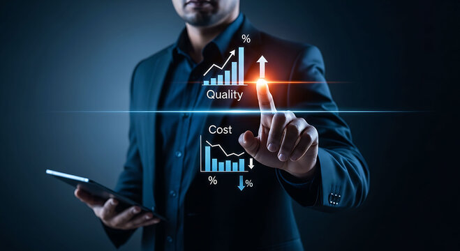 Businessman pointing at virtual screen showing cost reduction and quality growth