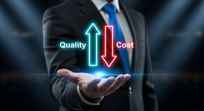 Businessman holding high quality and low cost concept arrows with glowing light