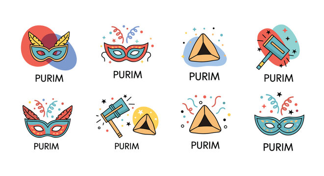 Jewish holiday of Purim icon collection featuring festive masks noise makers hamantaschen cookies and colorful confetti.