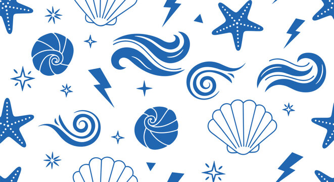 Seamless pattern with marine theme elements including blue seashells starfish waves and lightning bolts for beach decor.